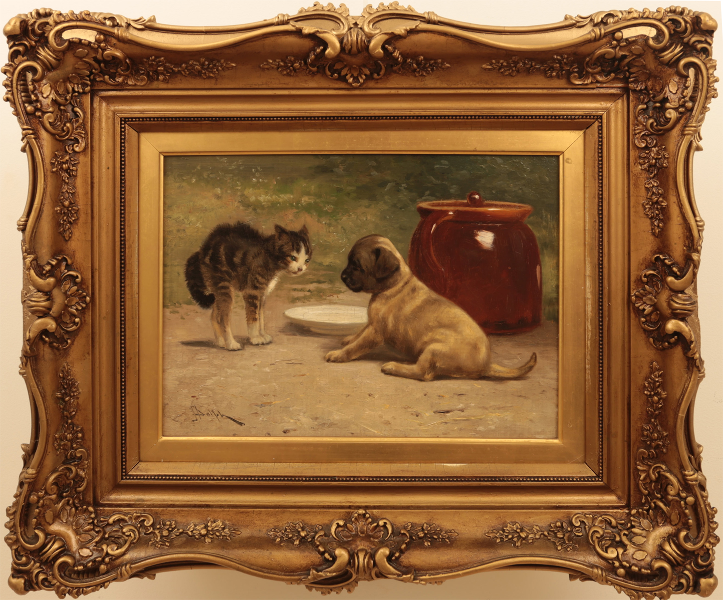 John Henry Dolph 19th Century Painting - Dog, Cat Standoff