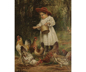 August Laux (American, 1847 - 1921) Feeding the Chickens